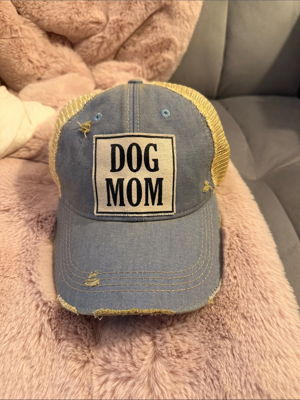 Dog Mom Distressed Mesh Back Cap - Blue & Yellow